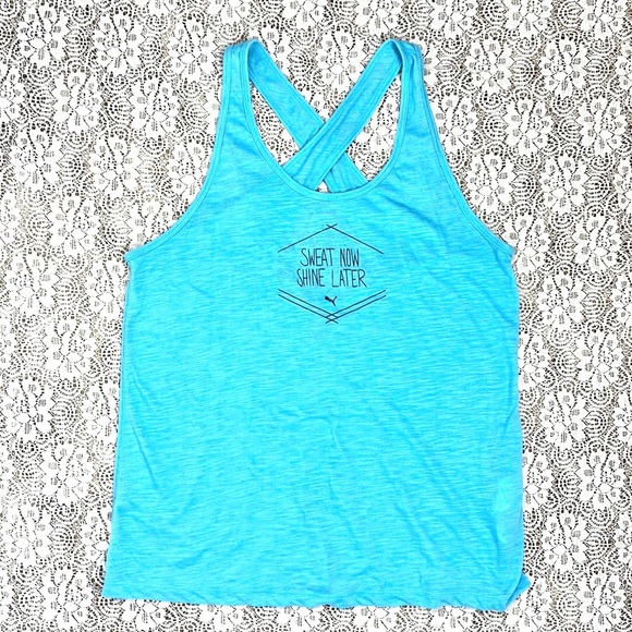 PUMA | 🐈‍⬛ Bright Blue “SWEAT NOW SHINE LATER” Print Racerback Tank Top - Picture 8 of 9